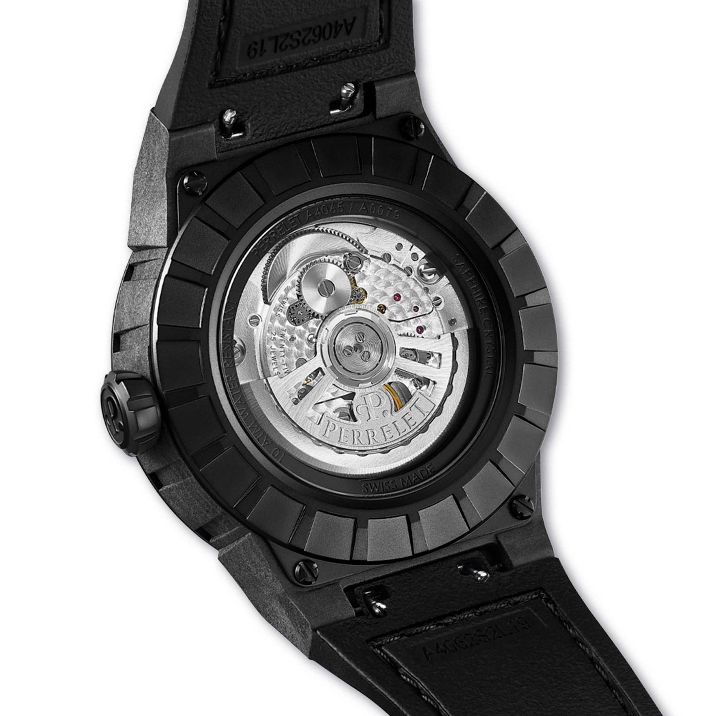 Perrelet TURBINE A4065/8 stands out with a spinning khaki dial and lightweight carbon case – rugged and refined.