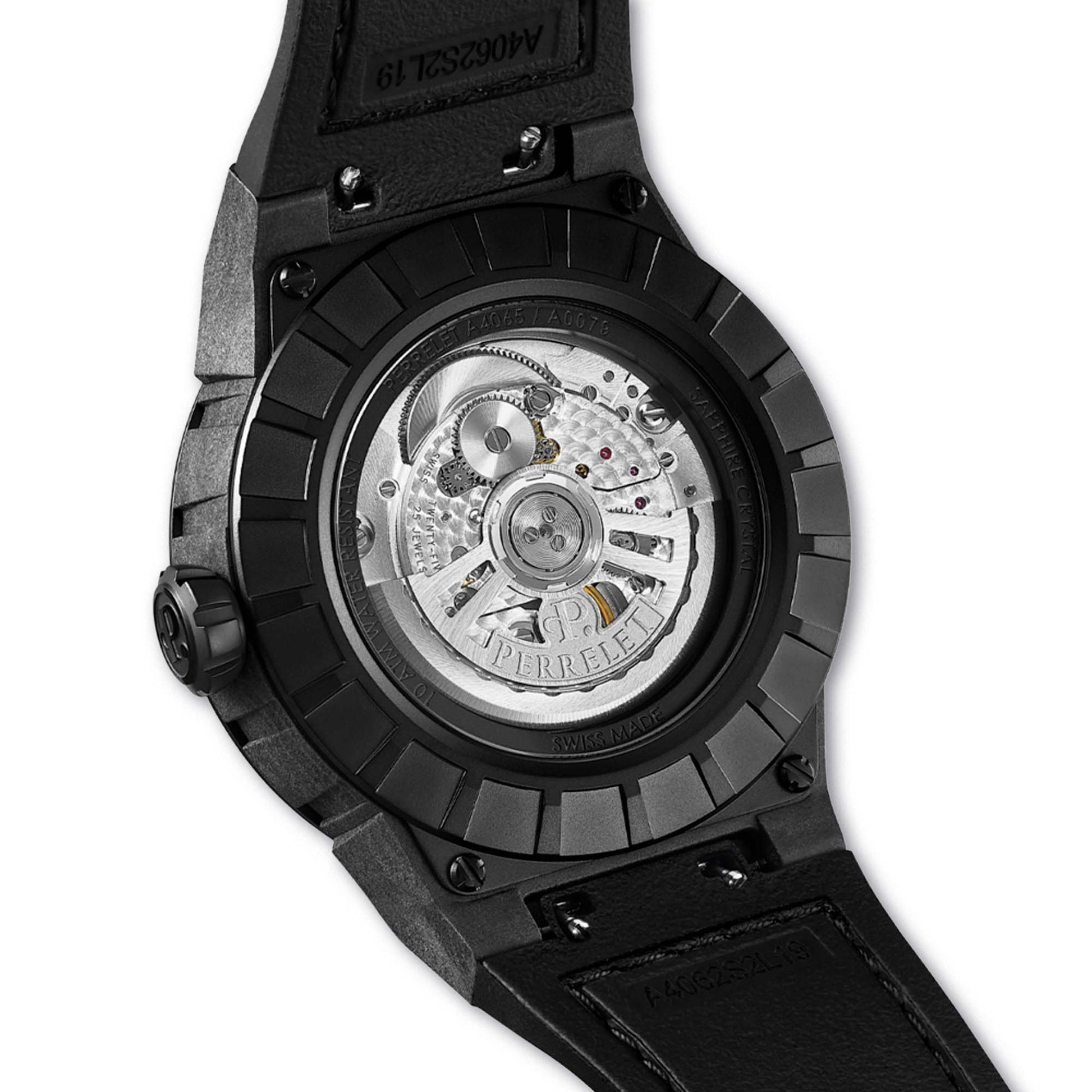 Perrelet TURBINE A4065/8 stands out with a spinning khaki dial and lightweight carbon case – rugged and refined.