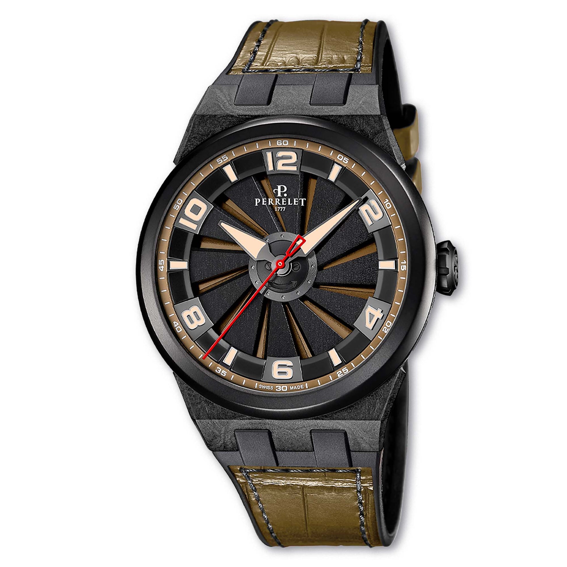Perrelet A4065/8 features a khaki green turbine dial and carbon case for a bold, tactical-inspired design.