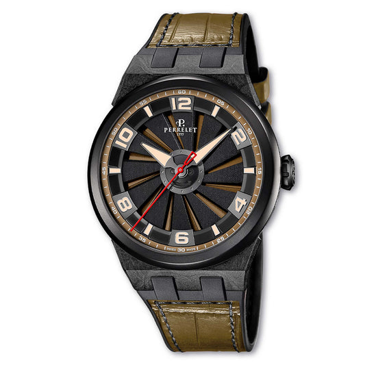 Perrelet A4065/8 features a khaki green turbine dial and carbon case for a bold, tactical-inspired design.