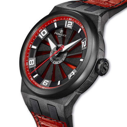 TURBINE Red A4065/6 by Perrelet delivers motion, color, and carbon fiber in a bold automatic timepiece.