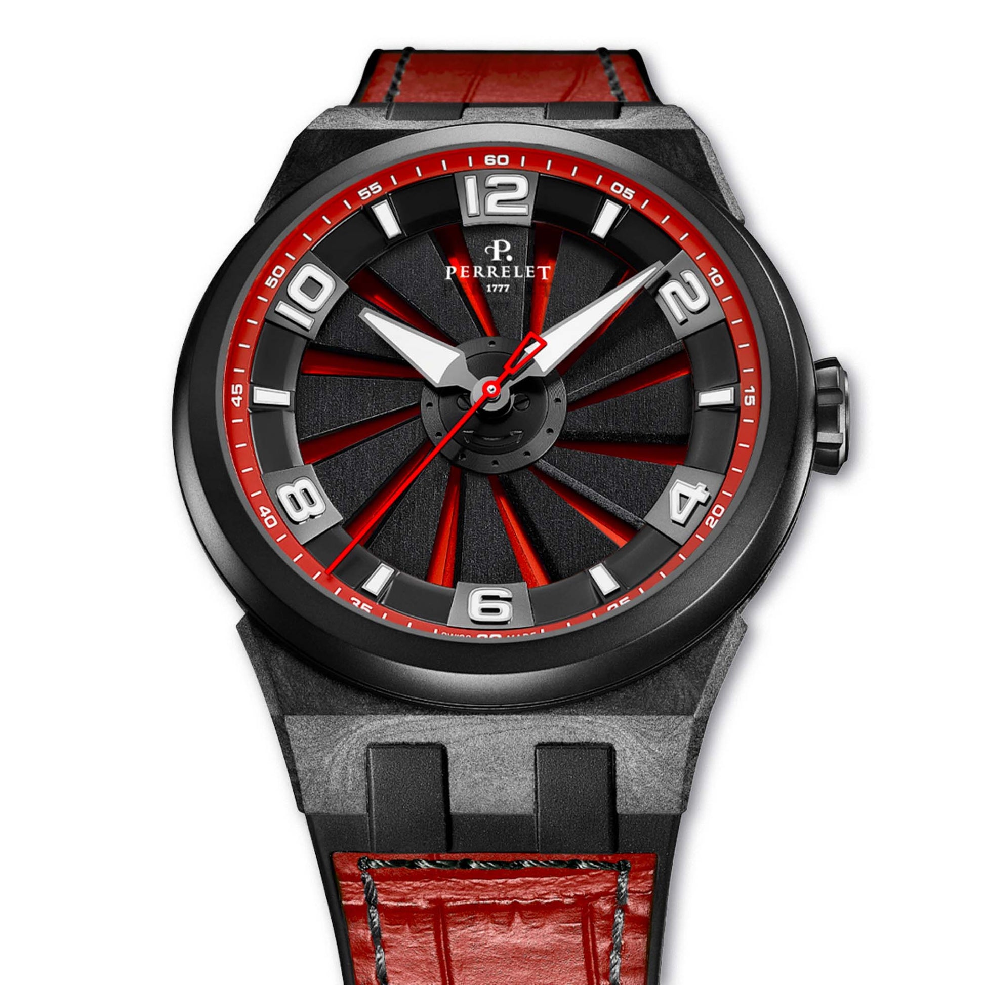Perrelet TURBINE A4065/6 features a fiery red dial beneath a kinetic turbine for striking visual impact.