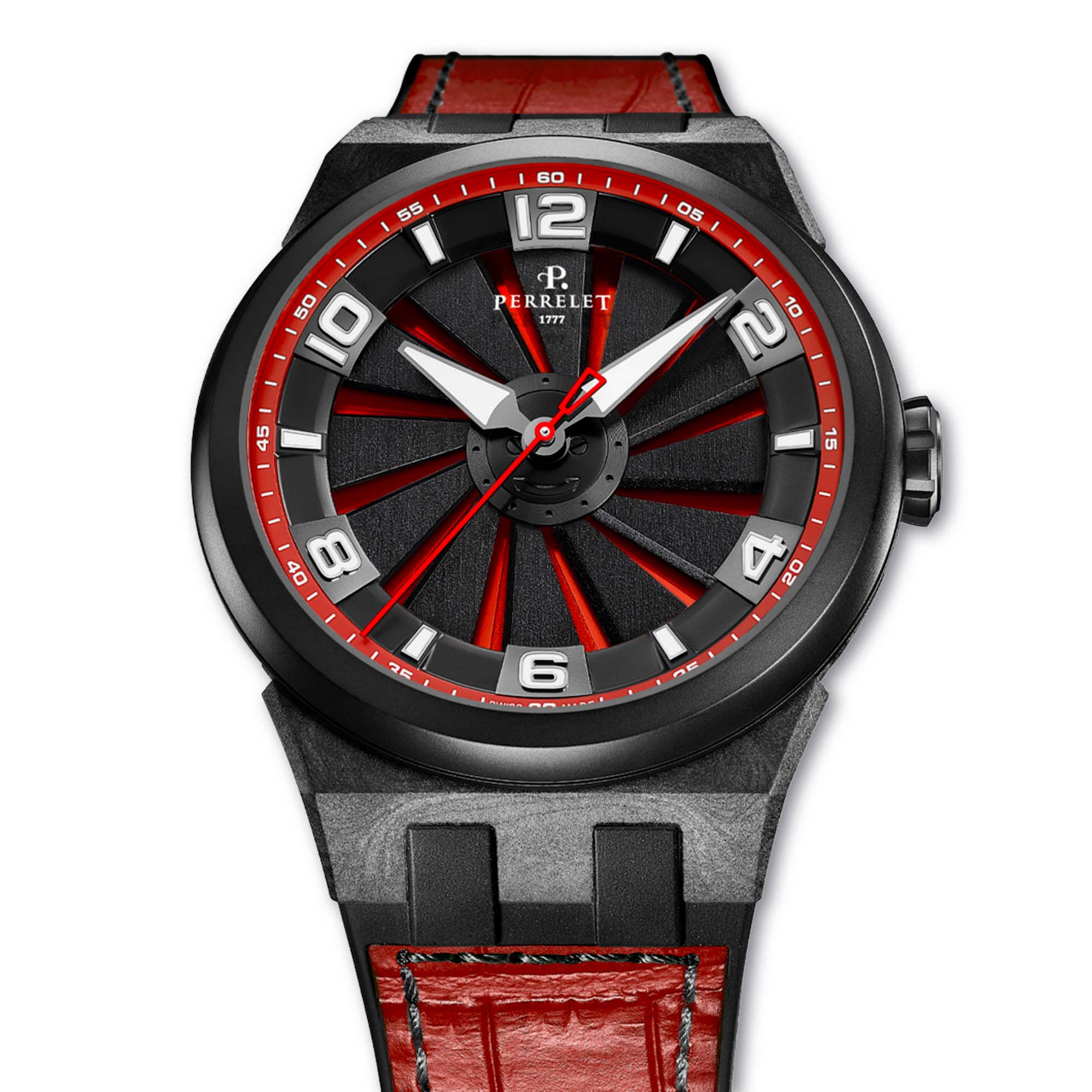 Perrelet TURBINE A4065/6 features a fiery red dial beneath a kinetic turbine for striking visual impact.