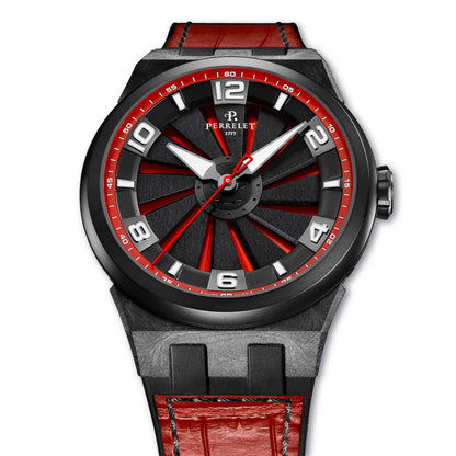 Perrelet TURBINE A4065/6 features a fiery red dial beneath a kinetic turbine for striking visual impact.