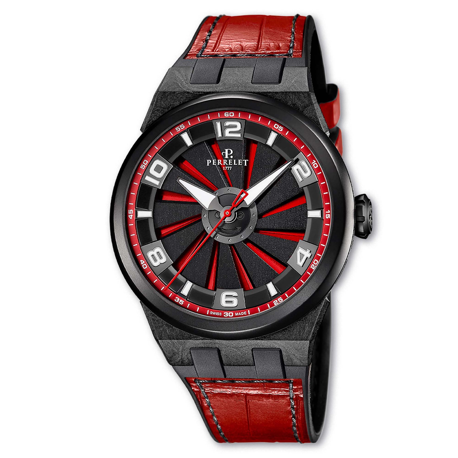 Perrelet A4065/6 ignites the wrist with a red turbine dial and high-tech carbon case – pure kinetic energy.