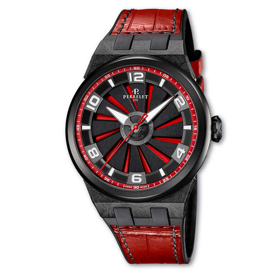 Perrelet A4065/6 ignites the wrist with a red turbine dial and high-tech carbon case – pure kinetic energy.