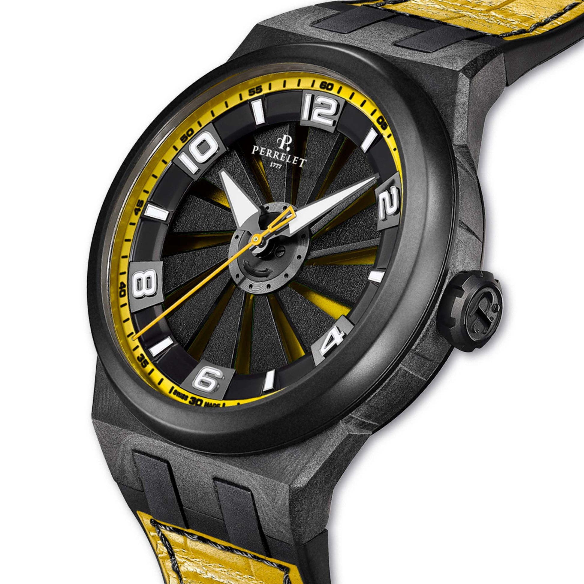Perrelet A4065/7 delivers dynamic energy with a yellow turbine dial and Swiss automatic movement.