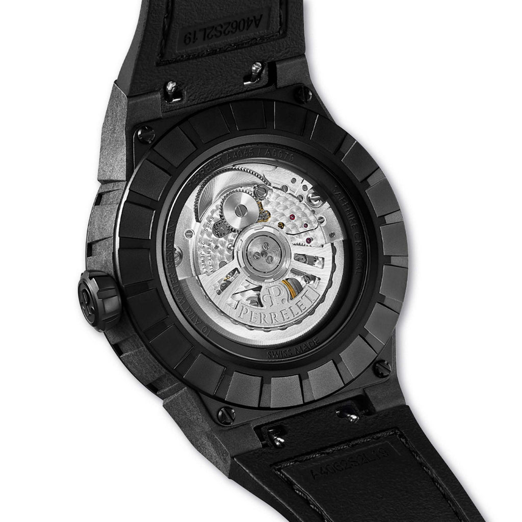 Experience motion and color with the Perrelet TURBINE A4065/7 – carbon case and vivid yellow turbine.