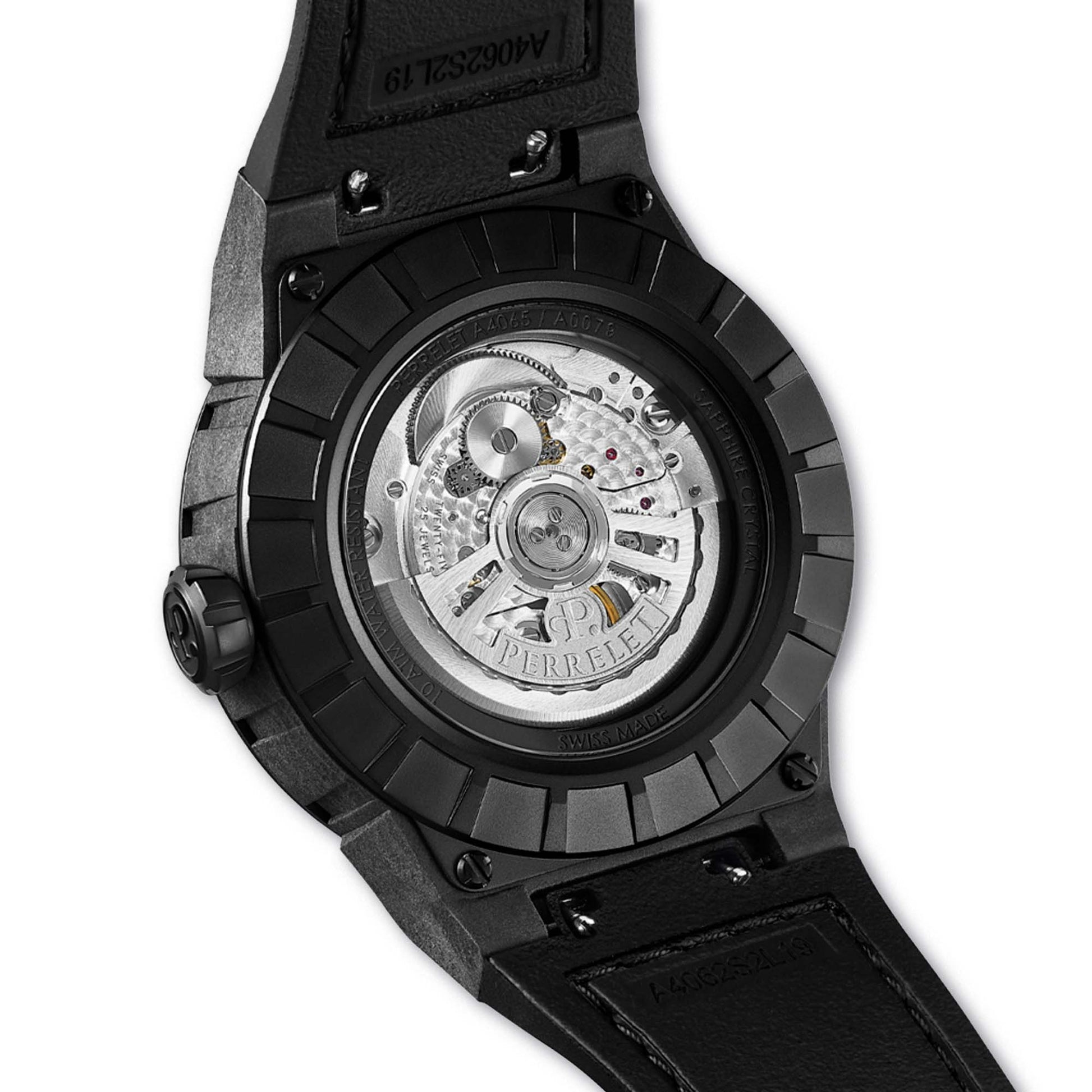 Experience motion and color with the Perrelet TURBINE A4065/7 – carbon case and vivid yellow turbine.