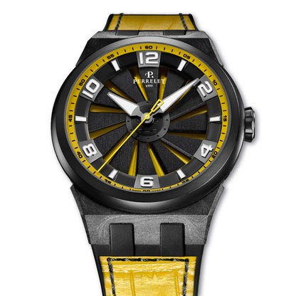 A4065/7 TURBINE Yellow pairs kinetic design and Swiss precision with bold carbon and high-contrast color.