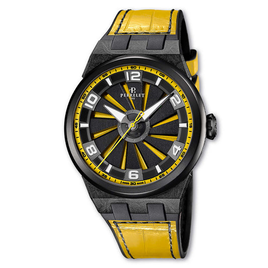 Perrelet A4065/7 stands out with a vibrant yellow turbine dial and lightweight carbon case – kinetic Swiss design.