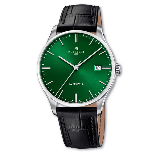 Perrelet A1300/A features a vibrant green dial and classic 3-hand layout – a bold expression of Swiss precision.