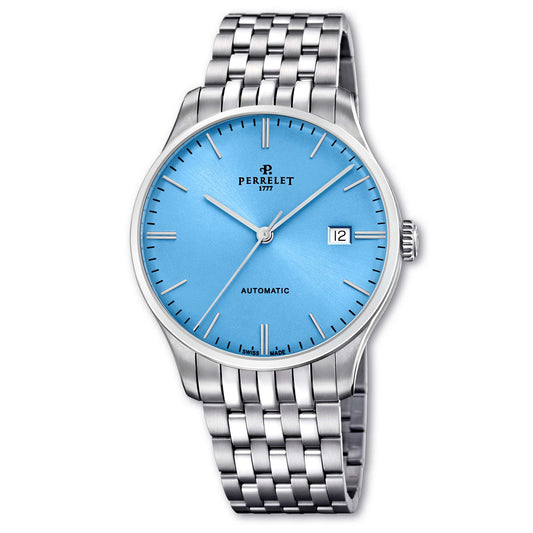 Perrelet WEEKEND A1300/B blends soft ice blue tones with classic Swiss craftsmanship and clean aesthetics.