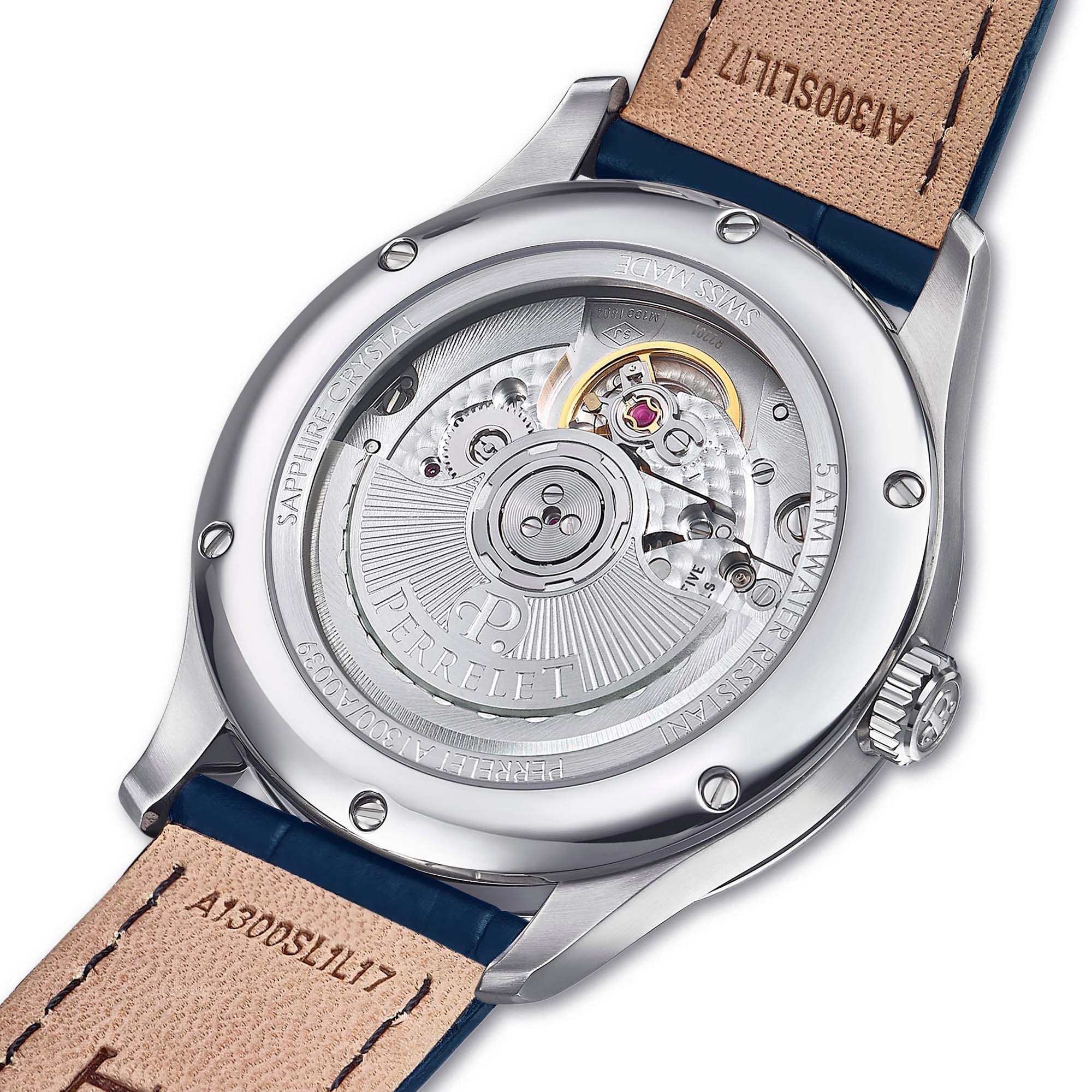 Make an impression with the Perrelet A1300/C – cool ice blue dial, smooth lines, and Swiss automatic reliability.