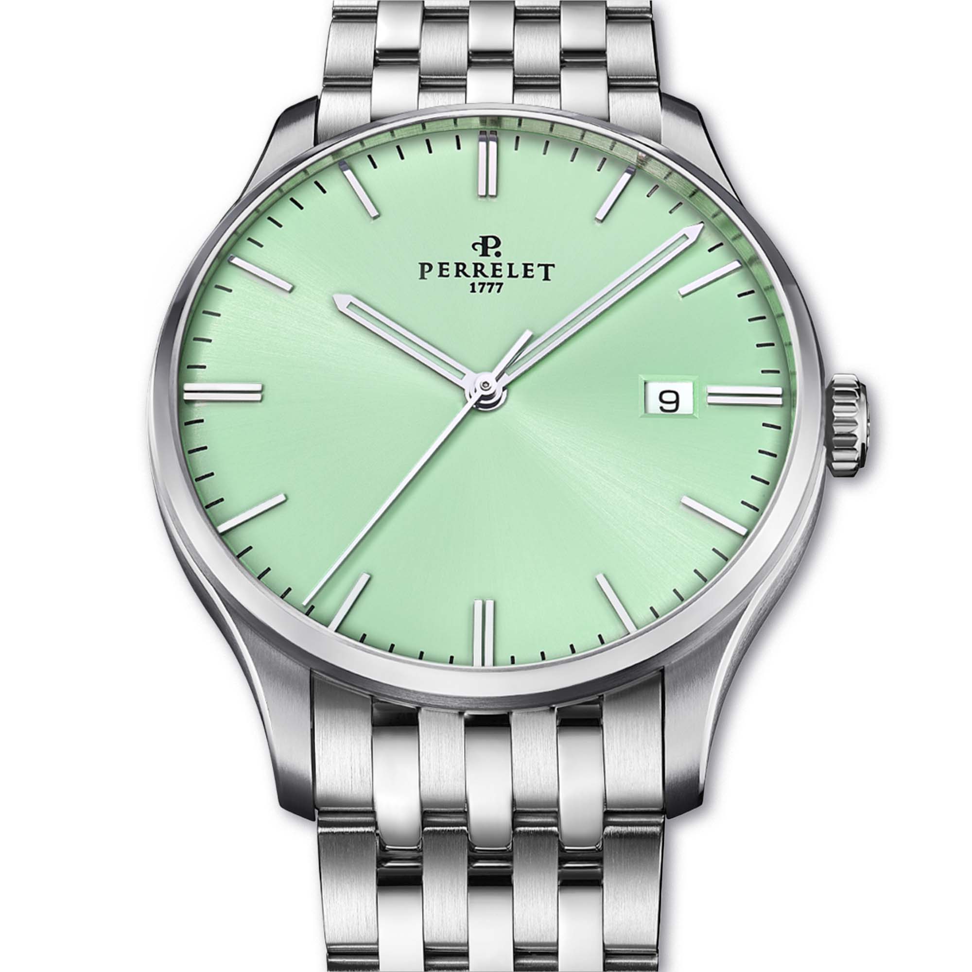 Stand out with the Perrelet A1300/D – mint green charm, 3-hand display, and Swiss watchmaking finesse.