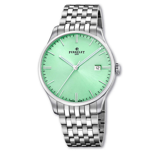 Perrelet A1300/D pairs a soft mint green dial with timeless Swiss automatic design – a fresh take on everyday elegance.
