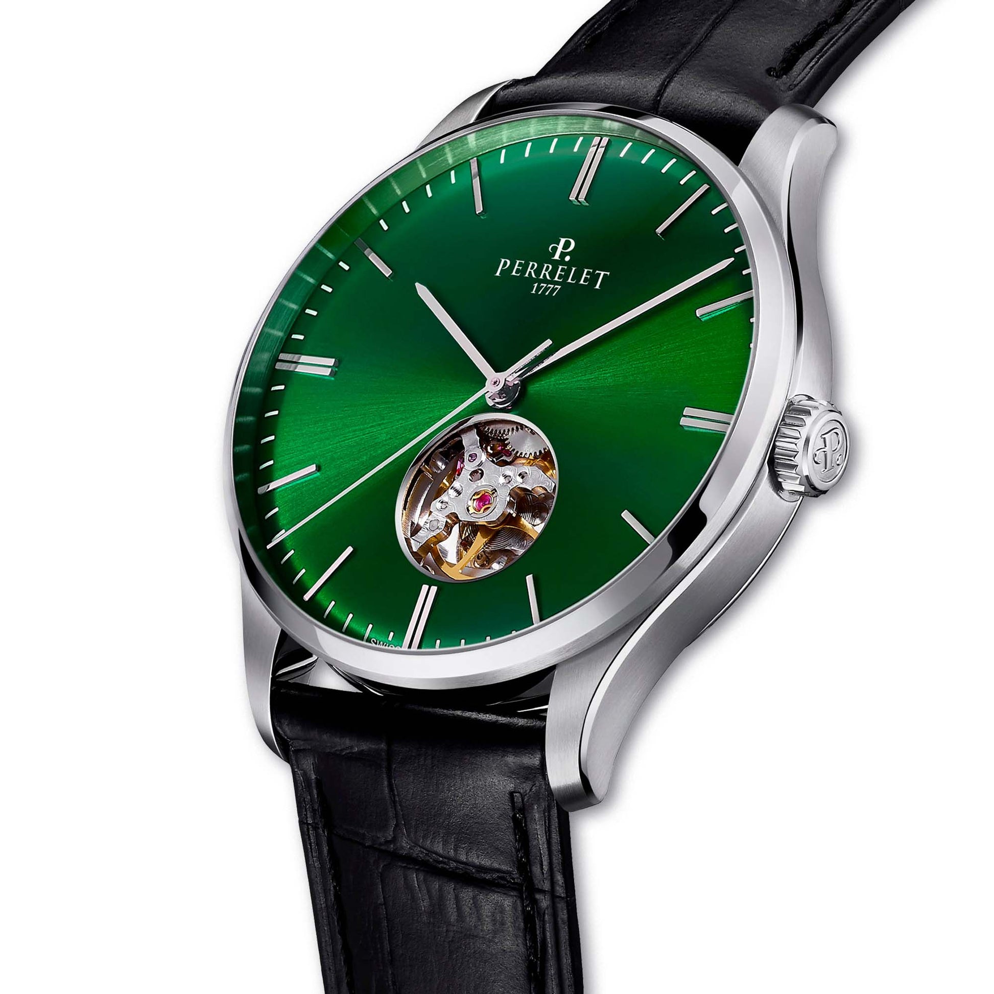 Discover the Perrelet A1302/8 – open heart design, green dial, and Swiss movement shown from hero to caseback.