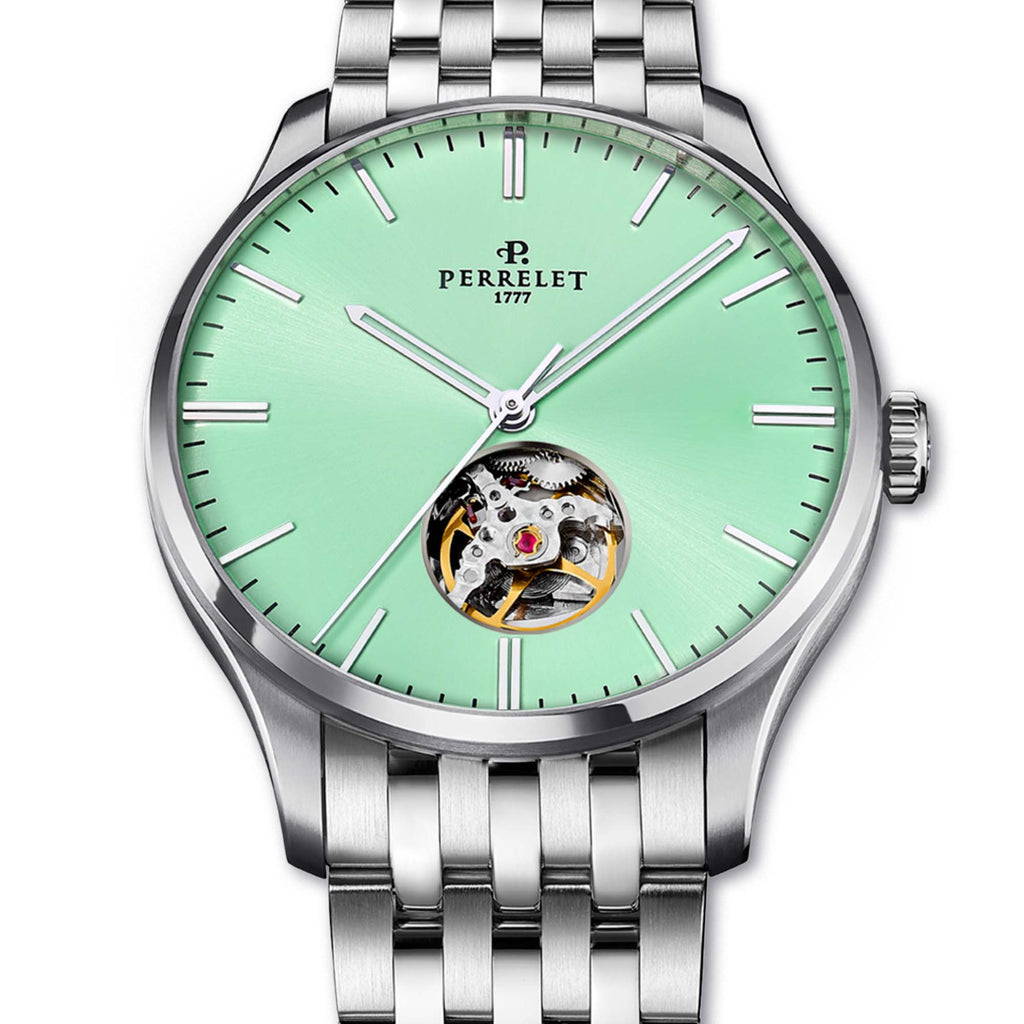 Perrelet A1302/B showcases a mint green dial with an open heart design – elegant, modern, and mechanically refined.