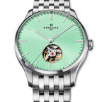 Perrelet A1302/B showcases a mint green dial with an open heart design – elegant, modern, and mechanically refined.