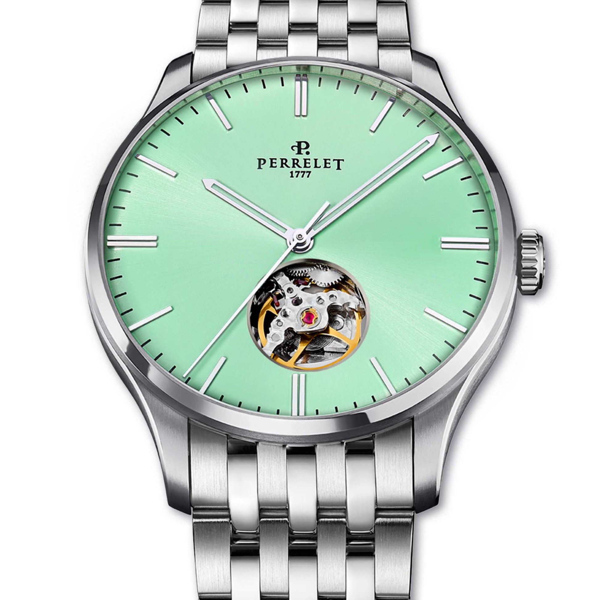 Perrelet A1302/B showcases a mint green dial with an open heart design – elegant, modern, and mechanically refined.