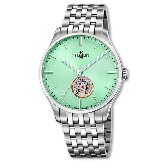 Perrelet A1302/B features a refreshing mint green open heart dial paired with Swiss automatic movement.