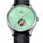 Perrelet A1302/C stands out with a mint green open heart dial and sleek case design powered by Swiss precision.