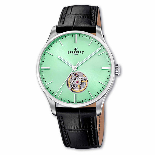 Perrelet A1302/C offers a soft mint green open heart dial with Swiss automatic movement and elegant styling.