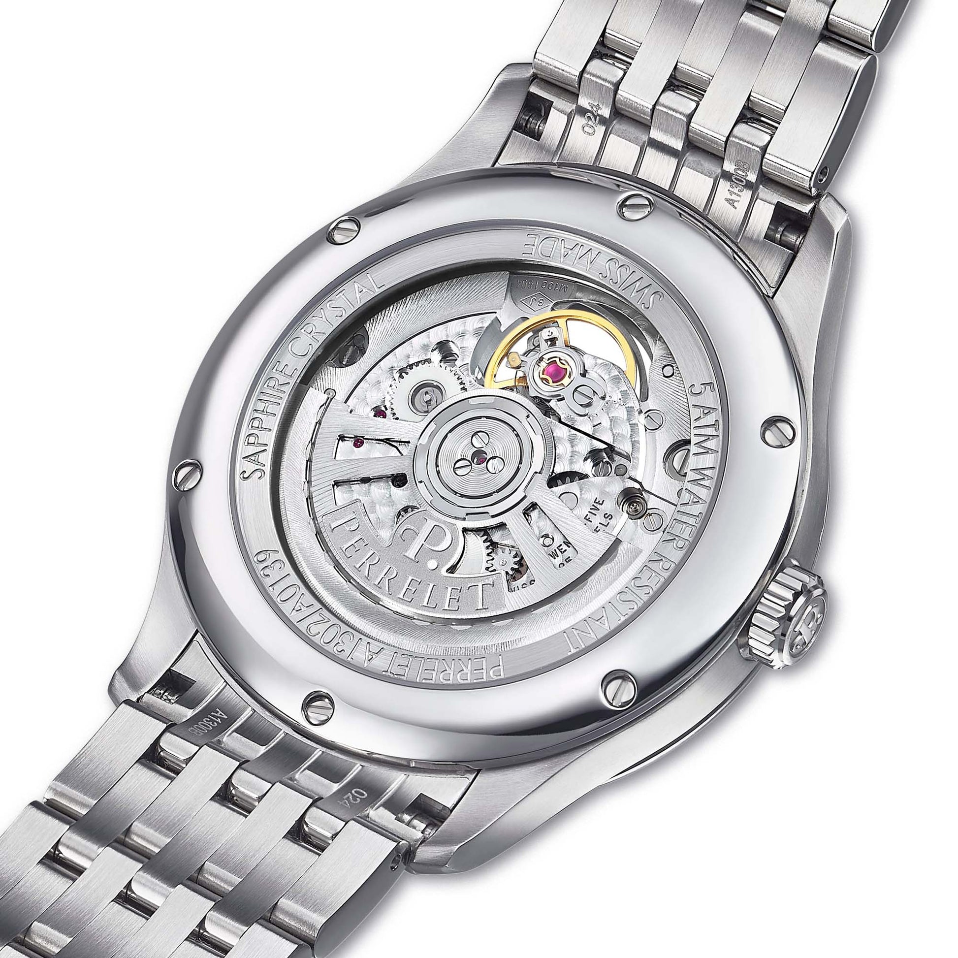 WEEKEND Open Heart A1302/9 features a cool ice blue dial and visible mechanics, shown in detail from dial to caseback.