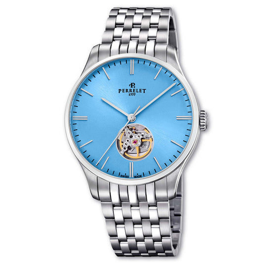 Perrelet A1302/9 hero shot captures the full elegance of its ice blue open heart dial, sleek case, and stainless steel bracelet.