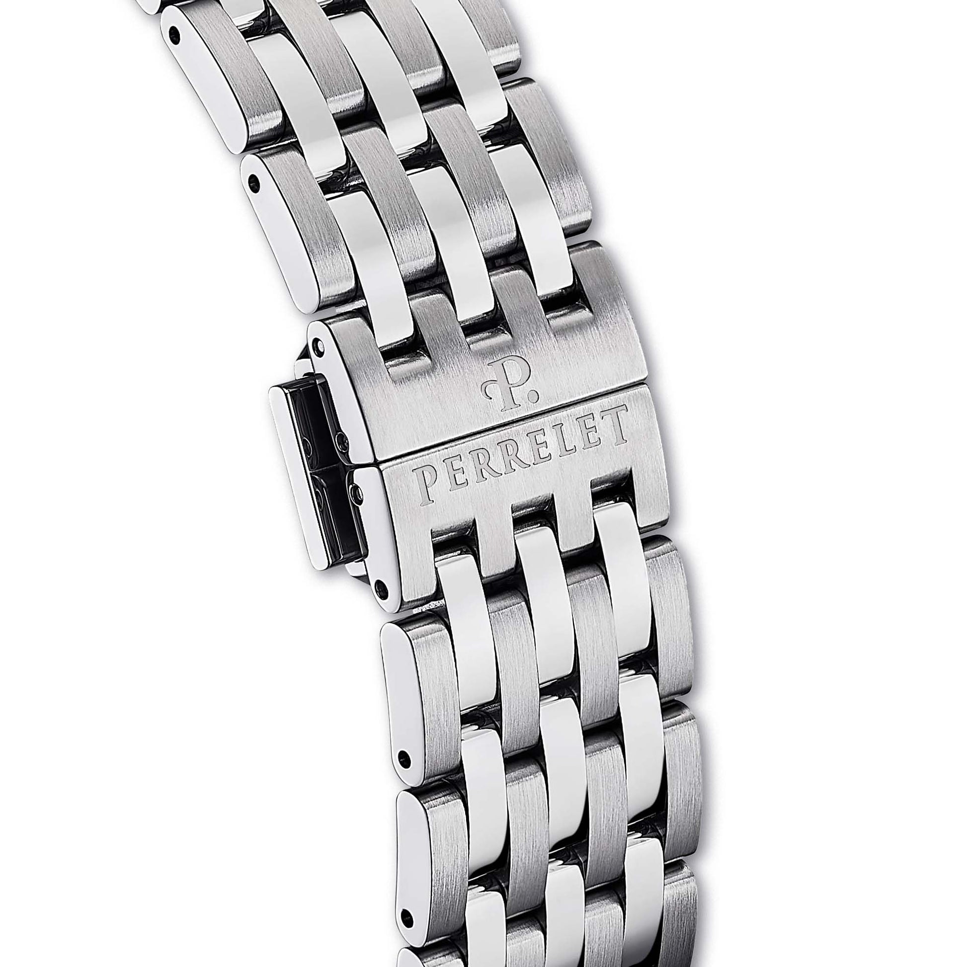 The Perrelet A1302/9 features a polished stainless steel bracelet that complements the ice blue dial and adds everyday versatility.