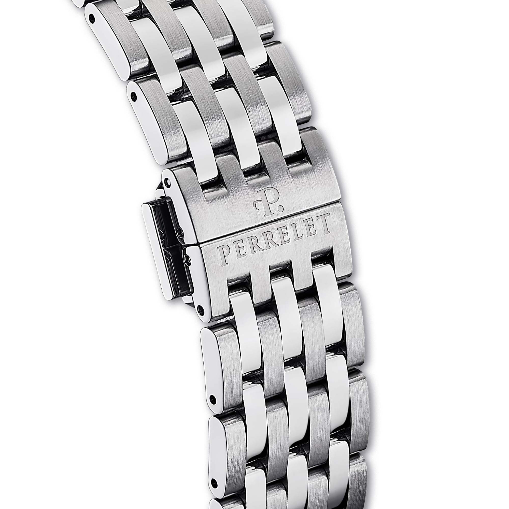 The Perrelet A1302/9 features a polished stainless steel bracelet that complements the ice blue dial and adds everyday versatility.