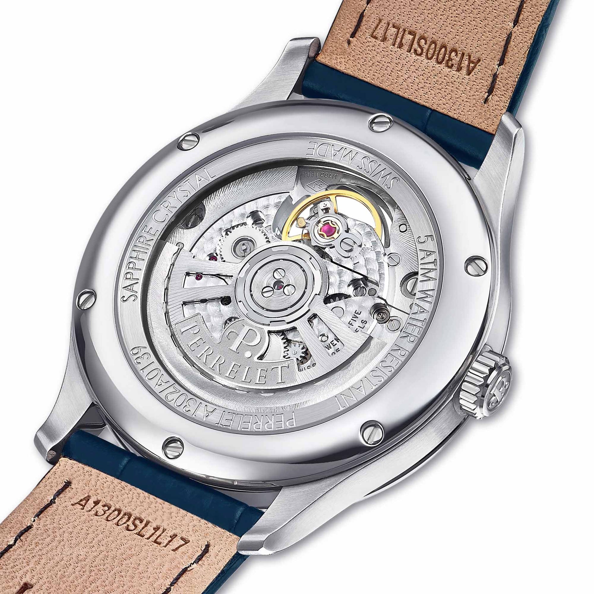 Perrelet WEEKEND A1302/A features a striking ice blue dial with open heart display and automatic movement.