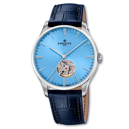 Perrelet A1302/A showcases an ice blue open heart dial with Swiss automatic movement and timeless design.