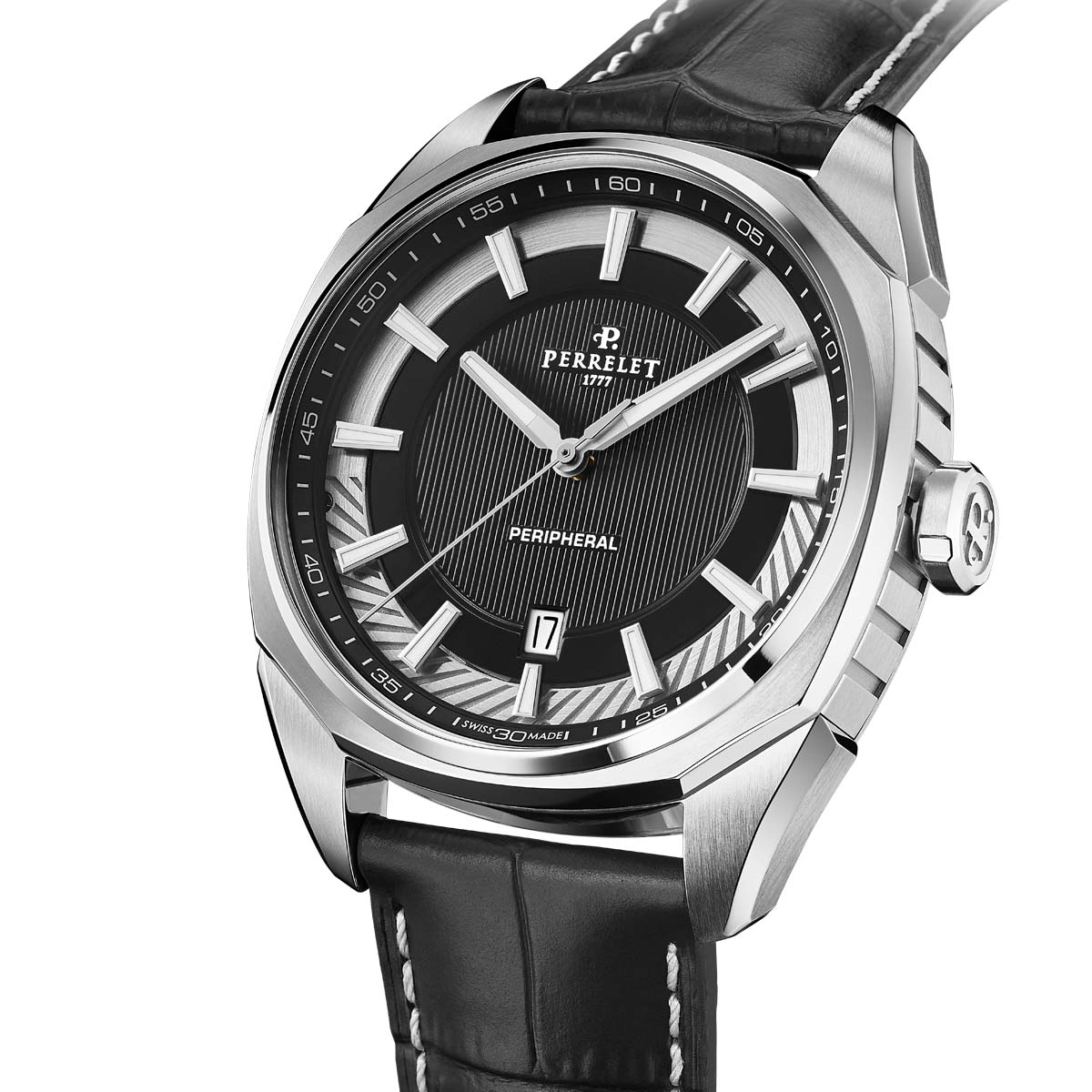 Perrelet A1100/3 3 Hands Black—pure elegance in motion. Experience this modern Swiss timepiece powered by a sophisticated in-house movement.